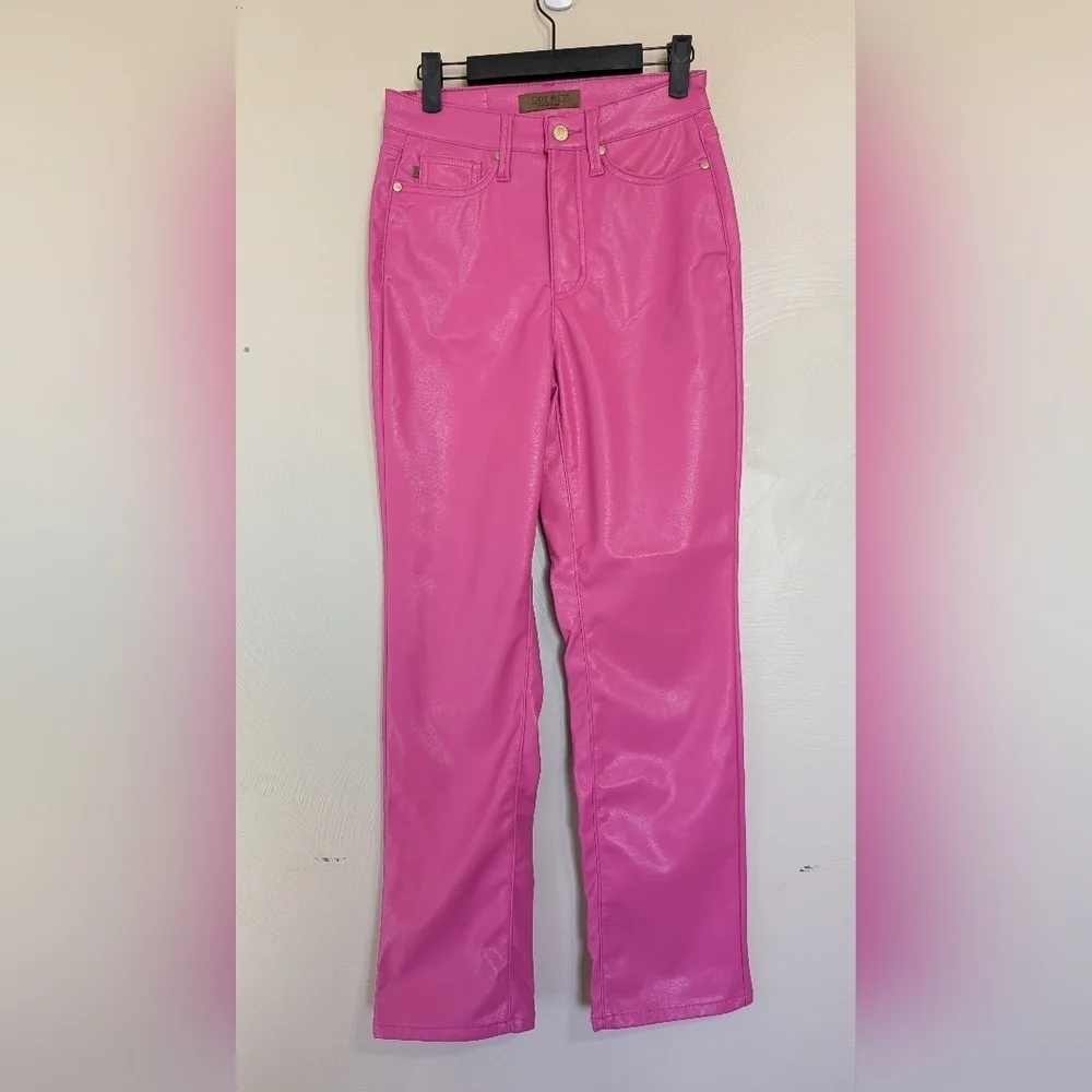 JUDY BLUE Hot Pink Vegan Leather Straight Leg Pants, Like New, Size 24 - Picture 5 of 13